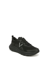 Black athletic shoe with a breathable mesh upper, cushioned sole, and contrasting silver logo accent. Laced design and textured tread.