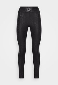 Czarne legginsy z teksturowanym wzorem w panterkę, z wysokim stanem i gładkim, błyszczącym wykończeniem. Dopasowany, pełnometrażowy fason.