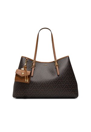 Sac fourre-tout marron et noir avec un motif géométrique, deux bretelles d'épaule, des ferrures dorées, et une petite pochette attachée avec un charme en forme d'étoile.