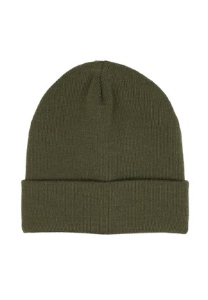 Olive green knitted beanie hat with folded cuff, simple ribbed texture, displayed flat on a white background.