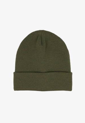 Olive green knitted beanie hat with folded cuff, simple ribbed texture, displayed flat on a white background.