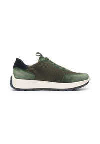 Zapatillas de ante verde y punto con una parte superior texturizada, entresuela crema y suela de goma. Presentan un diseño con cordones y una lengüeta en el talón.