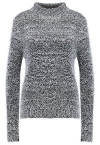 Maglione grigio fuzzy con collo alto, maniche lunghe e un morbido tessuto testurizzato, caratterizzato da una sfumatura di toni che vanno da scuri a chiari.