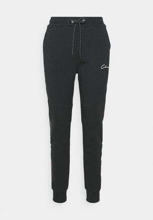 Black sweatpants with a drawstring waistband, tapered legs, side pockets, and embroidered logo on the front. Smooth fabric texture.
