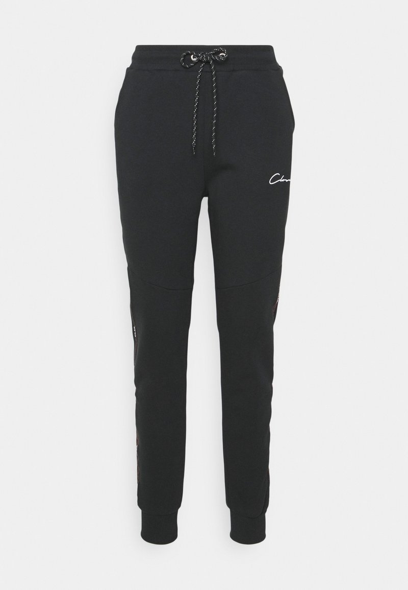 Black sweatpants with a drawstring waistband, tapered legs, side pockets, and embroidered logo on the front. Smooth fabric texture.