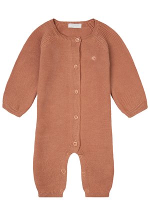 Terra-cotta knitted romper suit with long sleeves, button front closure, ribbed cuffs, and small logo detail on chest. Soft texture.
