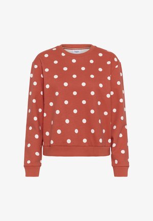 Rozsda színű pulóver fehér pöttyökkel, kerek nyakkivágással, bordázott mandzsettákkal és szegéllyel, valamint laza szabású kialakítással.