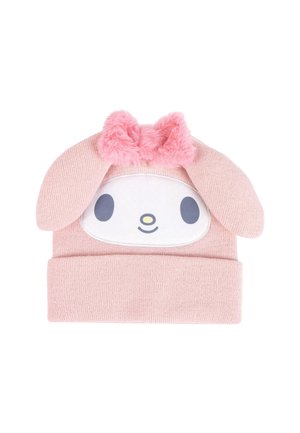 Pink knitted baby hat with floppy ears, a white face patch with simple eyes and nose, and a fluffy pink bow on top.