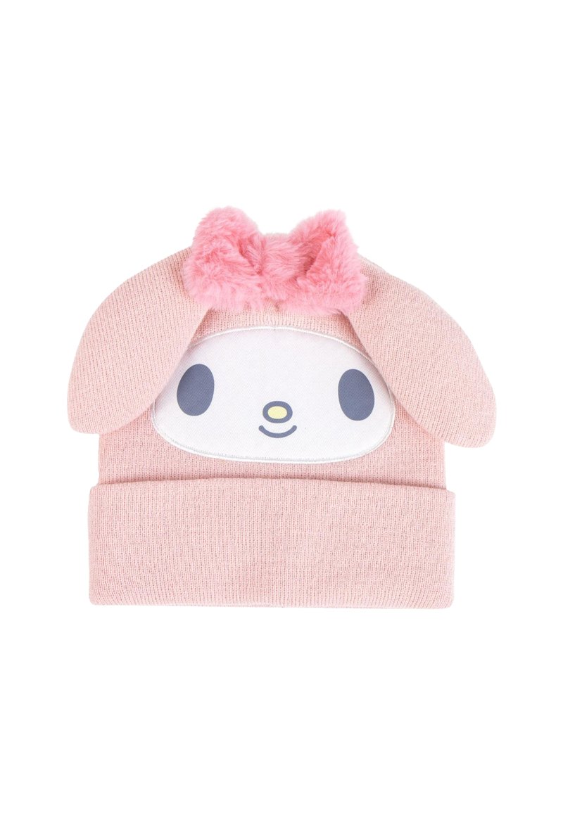 Cappello per neonati in maglia rosa con orecchie flosce, una toppa bianca sul volto con occhi e naso semplici e un fiocco rosa fluffy sulla cima.