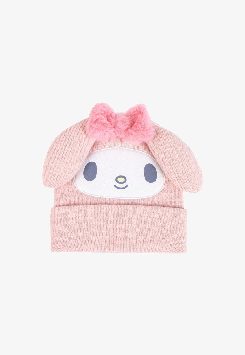 Cappello per neonati in maglia rosa con orecchie flosce, una toppa bianca sul volto con occhi e naso semplici e un fiocco rosa fluffy sulla cima.