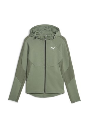 Veste légère à capuche, couleur vert clair, fermeture éclair intégrale, avec panneaux en mesh sur les manches et les côtés, capuche ajustable, et logo Puma blanc sur la poitrine.