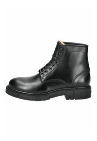 Stivaletto in pelle nera con punta rotonda, stringato davanti e suola texturizzata. Presenta una finitura liscia e dettagli di cucitura rinforzata.
