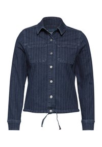 Denim takki, jossa on pystysuorat siniset ja valkoiset raidat, kaksi etutaskua, hopeinen napitus ja säädettävä nyöri helmassa.