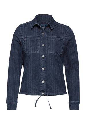Giubbotto di jeans con strisce verticali blu e bianche, due tasche frontali, chiusura con bottoni argentati e coulisse regolabile all'orlo.