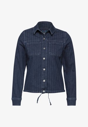 Spijkerjack met verticale blauwe en witte strepen, twee voorkruispockets, zilveren knoopsluiting en verstelbaar trekkoord aan de zoom.