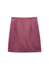Fioletowa spódnica w jodełkę, dopasowanego kroju, z paskiem na średnim stanie i dwoma przednimi kieszeniami, o gładkiej fakturze i zapięciu z czystym wykończeniem.