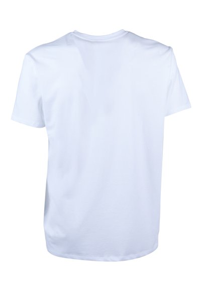 Tricou simplu alb cu mânecă scurtă, văzut din spate, cu guler rotund și croială obișnuită, pe fundal alb.