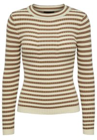 Pruhovaný svetr v béžové a hnědé barvě. Má zpevněnou strukturu, dlouhé rukávy a kulatý výstřih. Horizontální pruhy různé šířky.