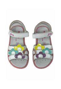 Sandali bianchi con suole rosa, caratterizzati da decorazioni a forma di fiore colorate in turchese, giallo, viola e bianco. Cinghie regolabili in Velcro.