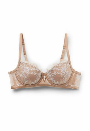 Soutien-gorge en dentelle couleur nude avec tissu en maille transparente, armatures, motif en dentelle florale, perle décorative au centre et bretelles réglables.