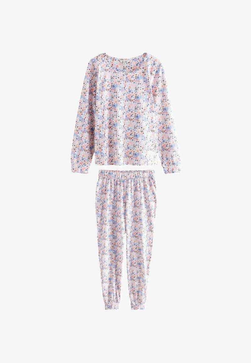 Virágmintás pizsama szett világos pasztell színekben, hosszú ujjaival és rugalmas derékkal. Az anyag lágy és könnyűnek tűnik.
