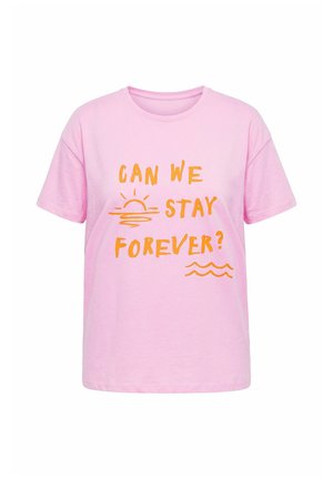 Maglietta rosa a maniche corte con testo arancione "POSSIAMO RESTARE PER SEMPRE?" e semplici illustrazioni di sole e onda sul davanti.