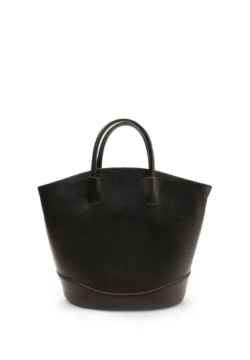 Black leather tote bag with a textured surface, rounded handles, and a wide opening. The base features a subtle curved seam detail.