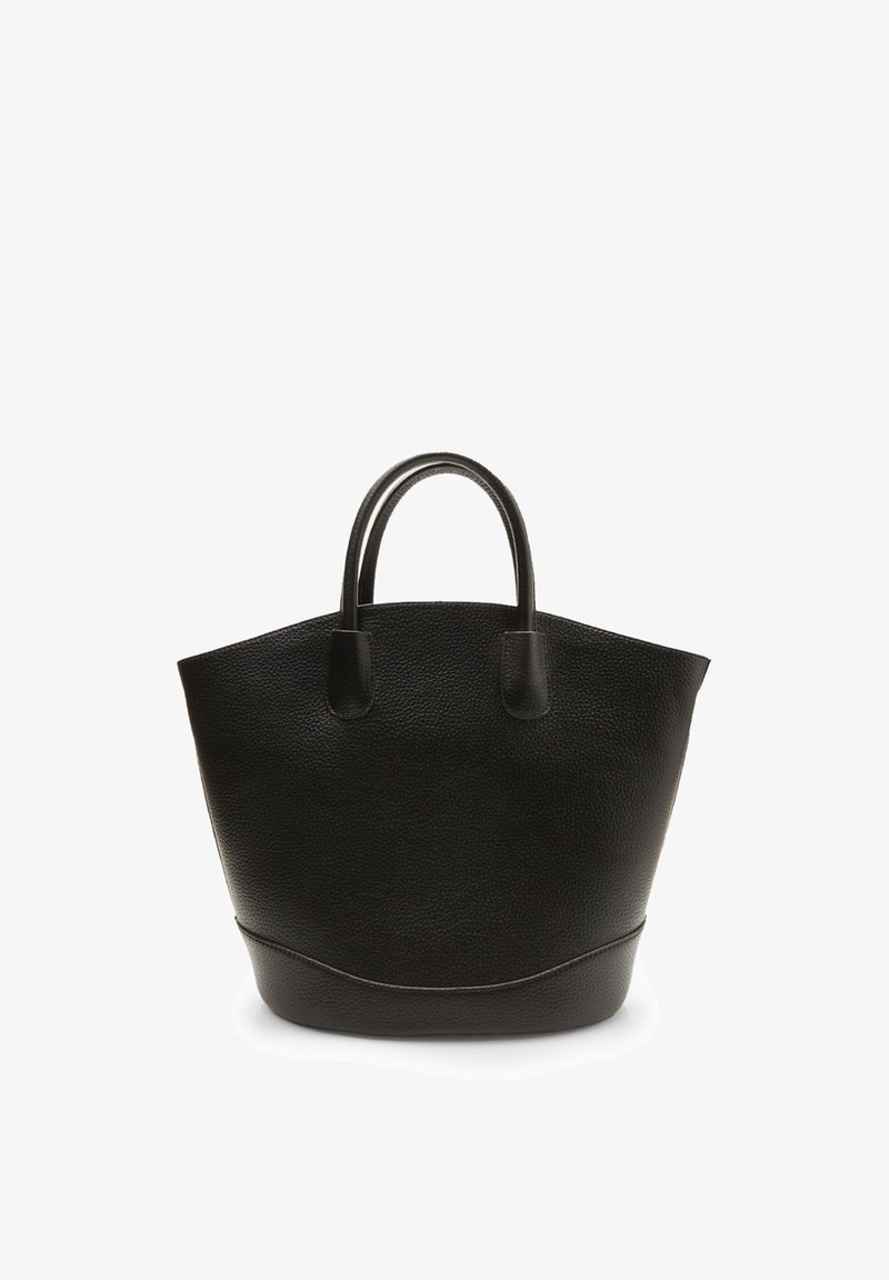 Black leather tote bag with a textured surface, rounded handles, and a wide opening. The base features a subtle curved seam detail.
