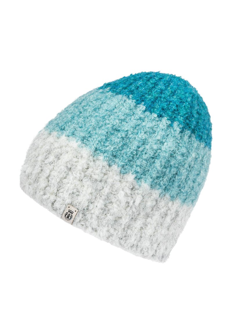 Knit beanie featuring a gradient design with shades of teal and white. Textured yarn with a subtle label on the side.