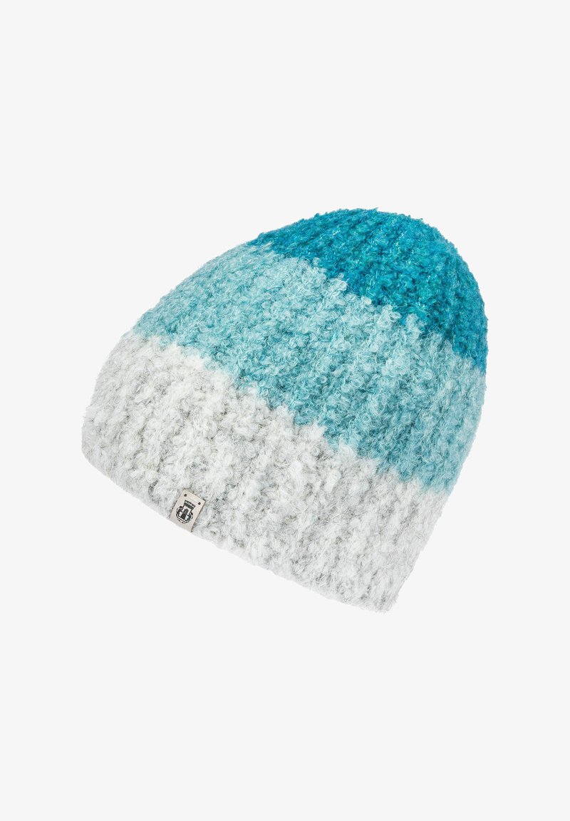 Knit beanie featuring a gradient design with shades of teal and white. Textured yarn with a subtle label on the side.