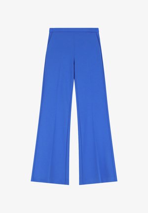 Pantaloni larghi blu realizzati in un tessuto morbido, caratterizzati da una vita alta, due tasche laterali e cuciture a contrasto per un tocco di stile in più.