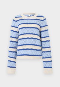 Πουλόβερ πλεκτό σε ανοιχτό μπλε και εκρού χρώμα με υφή οριζόντιων ριγών και μακριά μανίκια, με στρογγυλή λαιμόκοψη και ριμπ μανσέτες και τελείωμα.