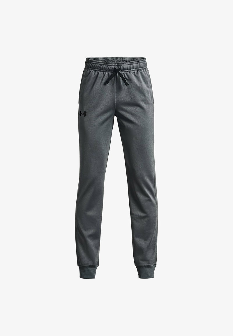 Gray athletic pants made of smooth fabric, featuring an elastic waistband with a drawstring, cuffed ankles, and a small logo on the left thigh.