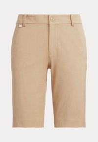 Beige shorts gjorda av ett mjukt tyg. De har en framdragkedja, knappstängning och sidofickor, med en rak skärning.