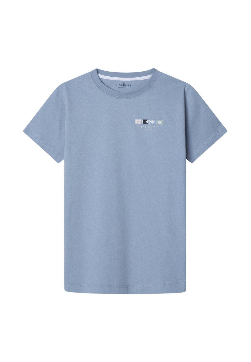 Camiseta de algodón azul claro con cuello redondo, mangas cortas y un pequeño logotipo multicolor con formas geométricas en el pecho.