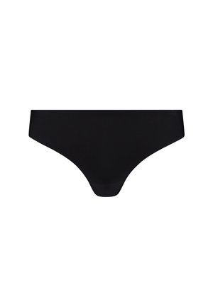 Biancheria intima nera con una texture liscia, caratterizzata da un design a vita bassa e un taglio minimalista. Nessun motivo visibile o dettagli in metallo.