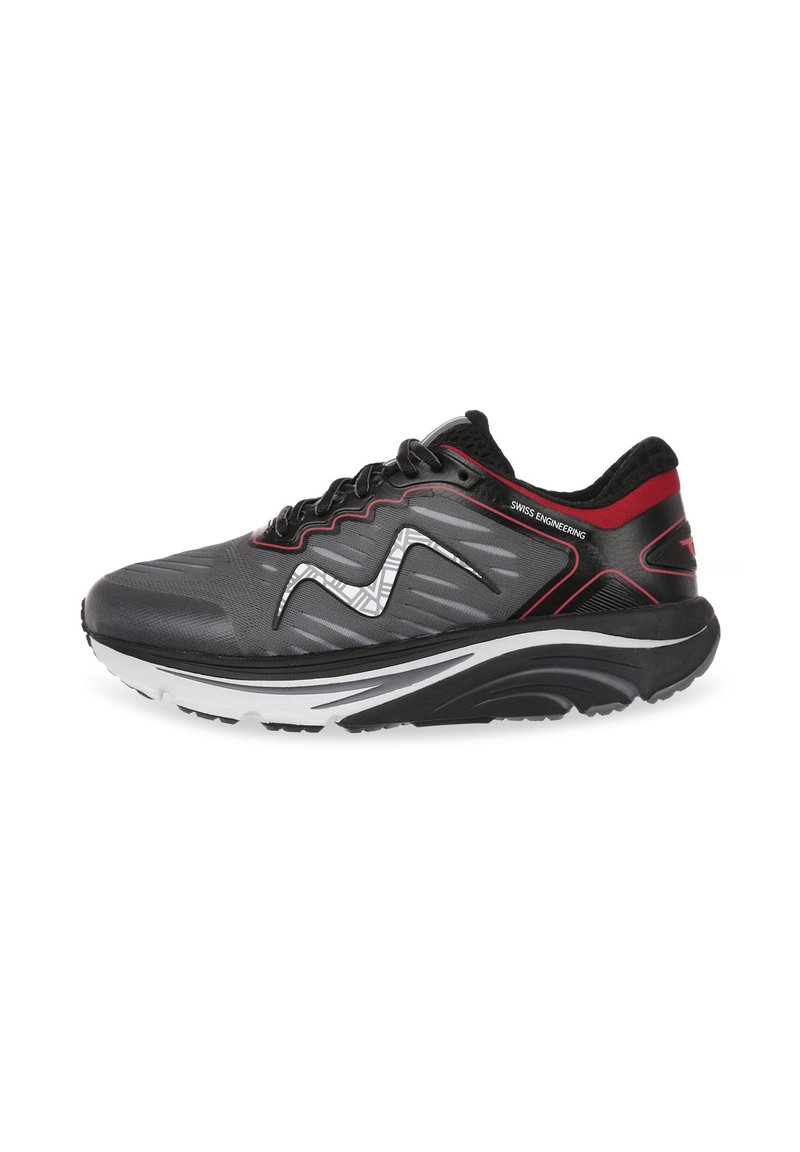 Black and grey athletic shoe with textured upper, reflective accents, prominent logo, padded collar, and a contrasting white midsole.