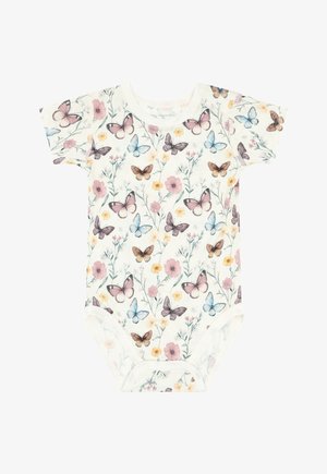 White short-sleeve baby bodysuit with snap closures, decorated with multicolored butterflies and small pink and yellow flowers pattern.