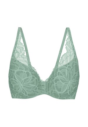 Měkká zelená krajková podprsenka s květinovým vzorem, nastavitelnými ramínky a kosticovou oporou, zobrazena na bílém pozadí.