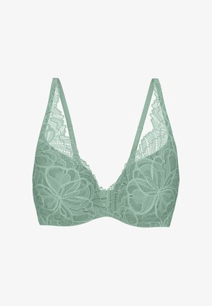 Weicher grüner Spitzen-BH mit Blumenmuster, verstellbaren Trägern und Bügelunterstützung, vor weißem Hintergrund dargestellt.