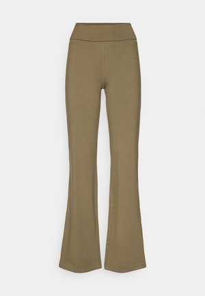 Olive-green flared pants made of soft fabric with a high waistband. Features smooth texture and no visible patterns or hardware accents.