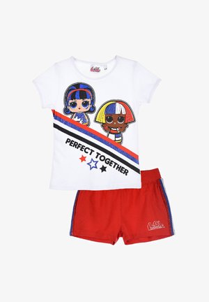 Children's two-piece outfit featuring a white T-shirt with colorful character graphics and red shorts with side stripes and logo.