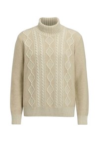 Beżowy sweter z dzianiny z wysokim, prążkowanym kołnierzem, zdobiony teksturowanym wzorem w warkocze oraz prążkowanymi mankietami i dołem dla dodatkowego wykończenia.