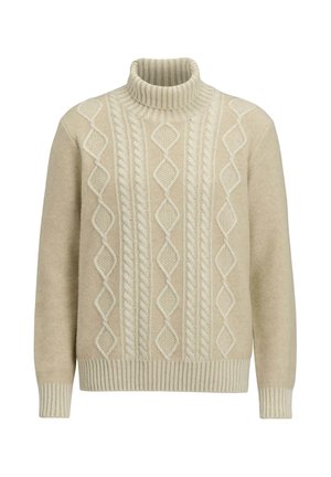 Beige neulepaita, jossa on korkea ribbikavennus, koristeelliset kabelikuviot sekä ribbikärjet ja -helma tuomaan lisää yksityiskohtia.