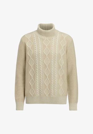 Beige knitted sweater with a high ribbed collar, featuring a textured cable pattern and ribbed cuffs and hem for added detail.