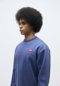 Sudadera azul de algodón, con cuello redondo, puños acanalados y un pequeño parche de logo rojo en el pecho. Textura suave, corte relajado.