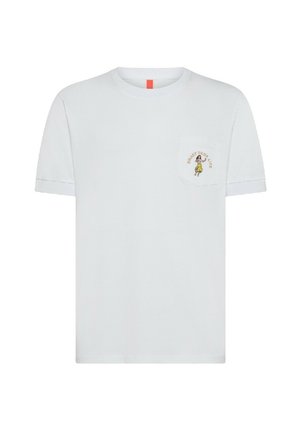 T-shirt bianca in cotone con maniche corte, caratterizzata da una tasca sul petto e da un testo e grafica ricamati "Goditi la tua vita" in colori pastello.