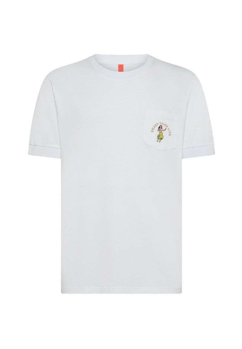 T-shirt bianca in cotone con maniche corte, caratterizzata da una tasca sul petto e da un testo e grafica ricamati "Goditi la tua vita" in colori pastello.