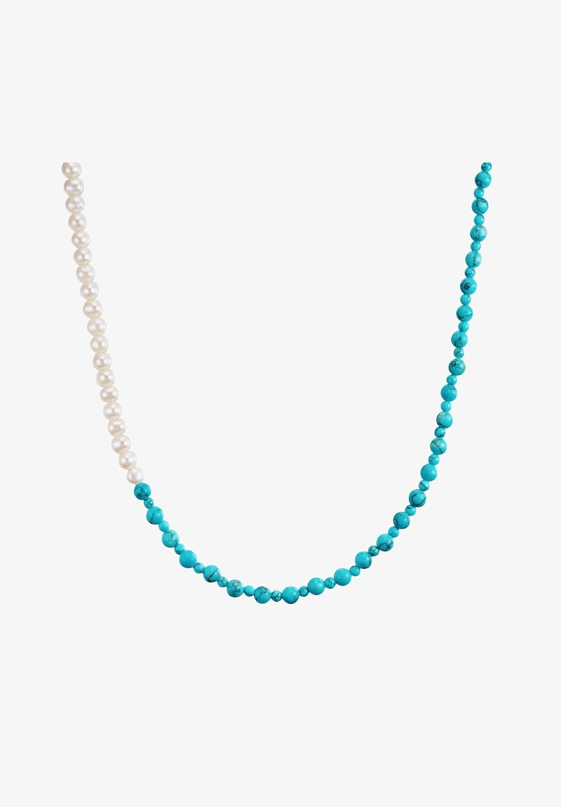 Tyrkis- og hvid perlekæde med skiftende runde perler i glatte og strukturerede overflader. Længden giver et afbalanceret, lagdelt design.