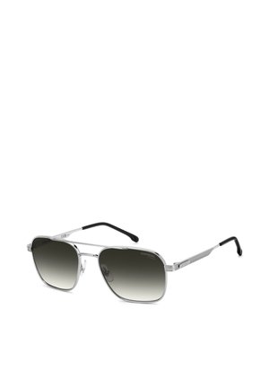 Silver metal-framed aviator sunglasses with black gradient lenses and black temple tips, angled against a white background.